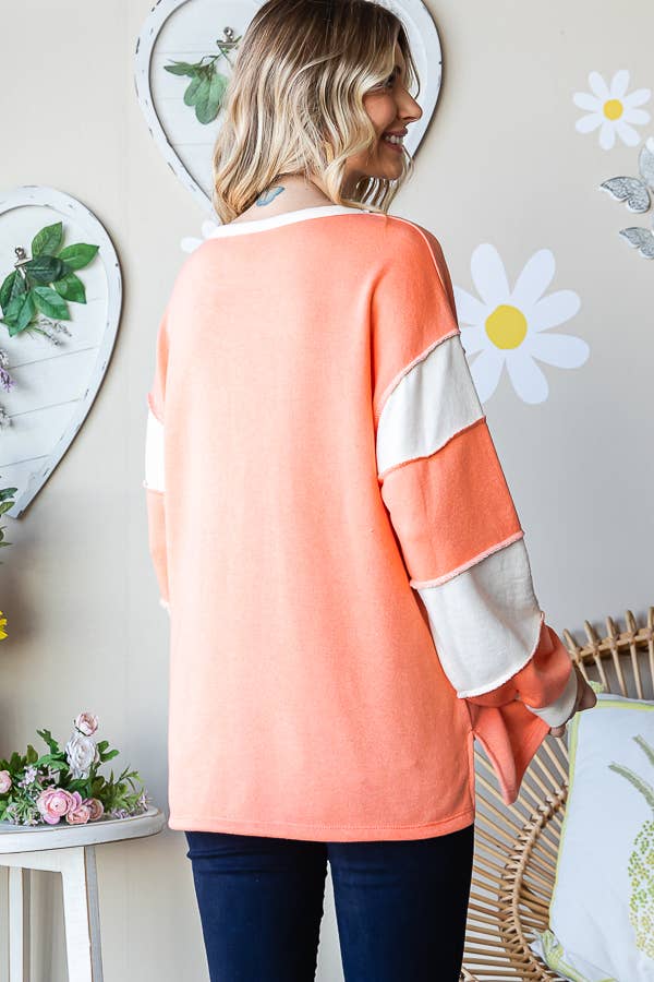 Cotton Button Front Drop Shoulder Side Slit Pullover T5410