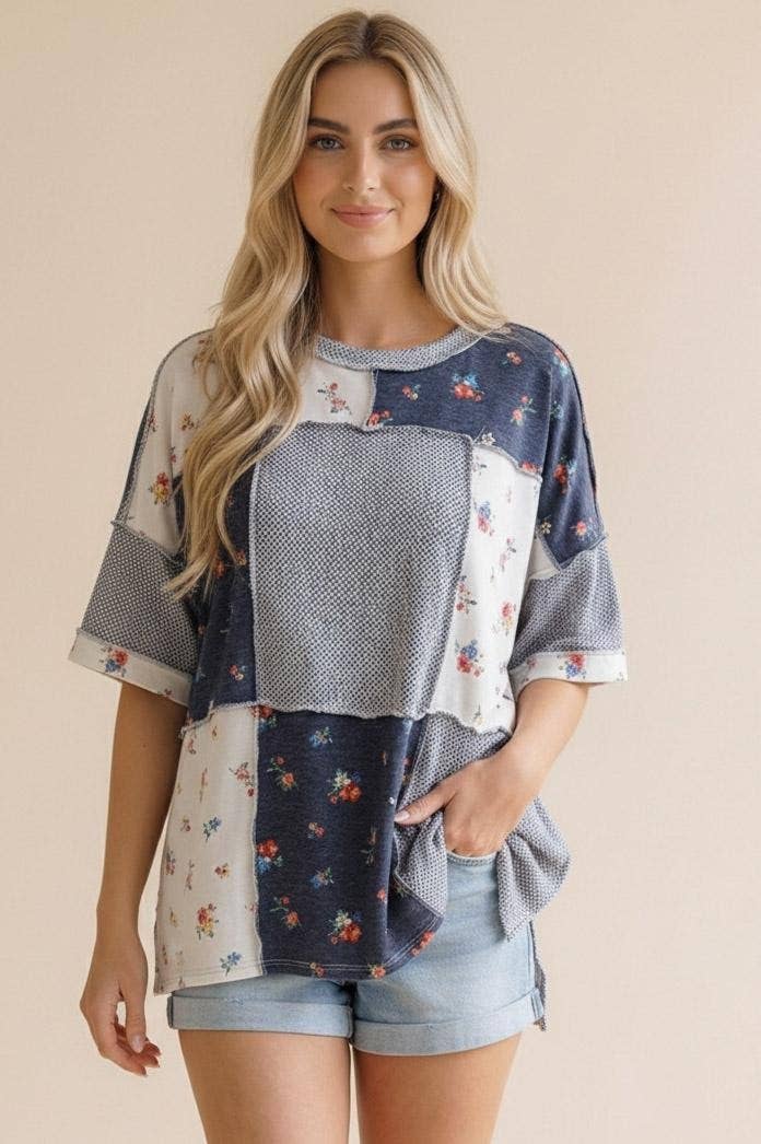 Textured Knit Floral Color Block Patchwork Top