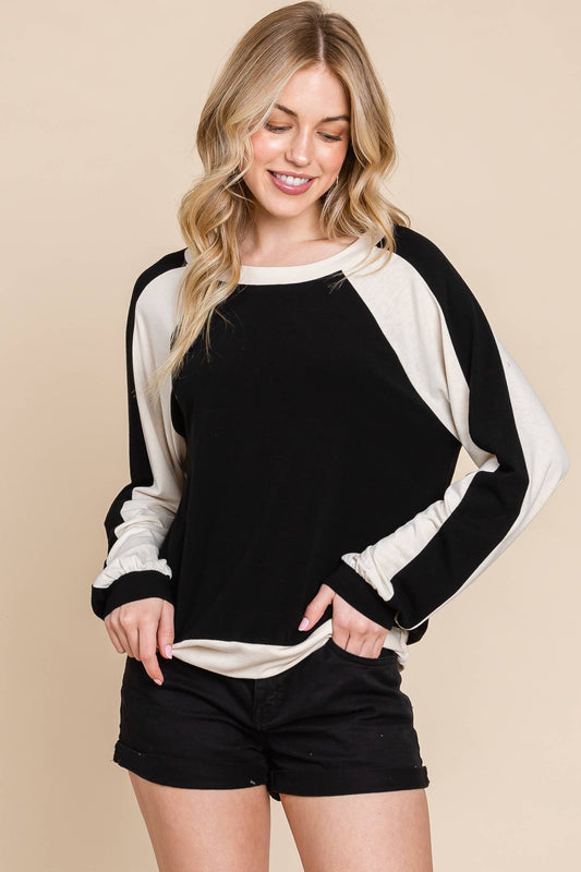 Contrast Solid Long Sleeve Top