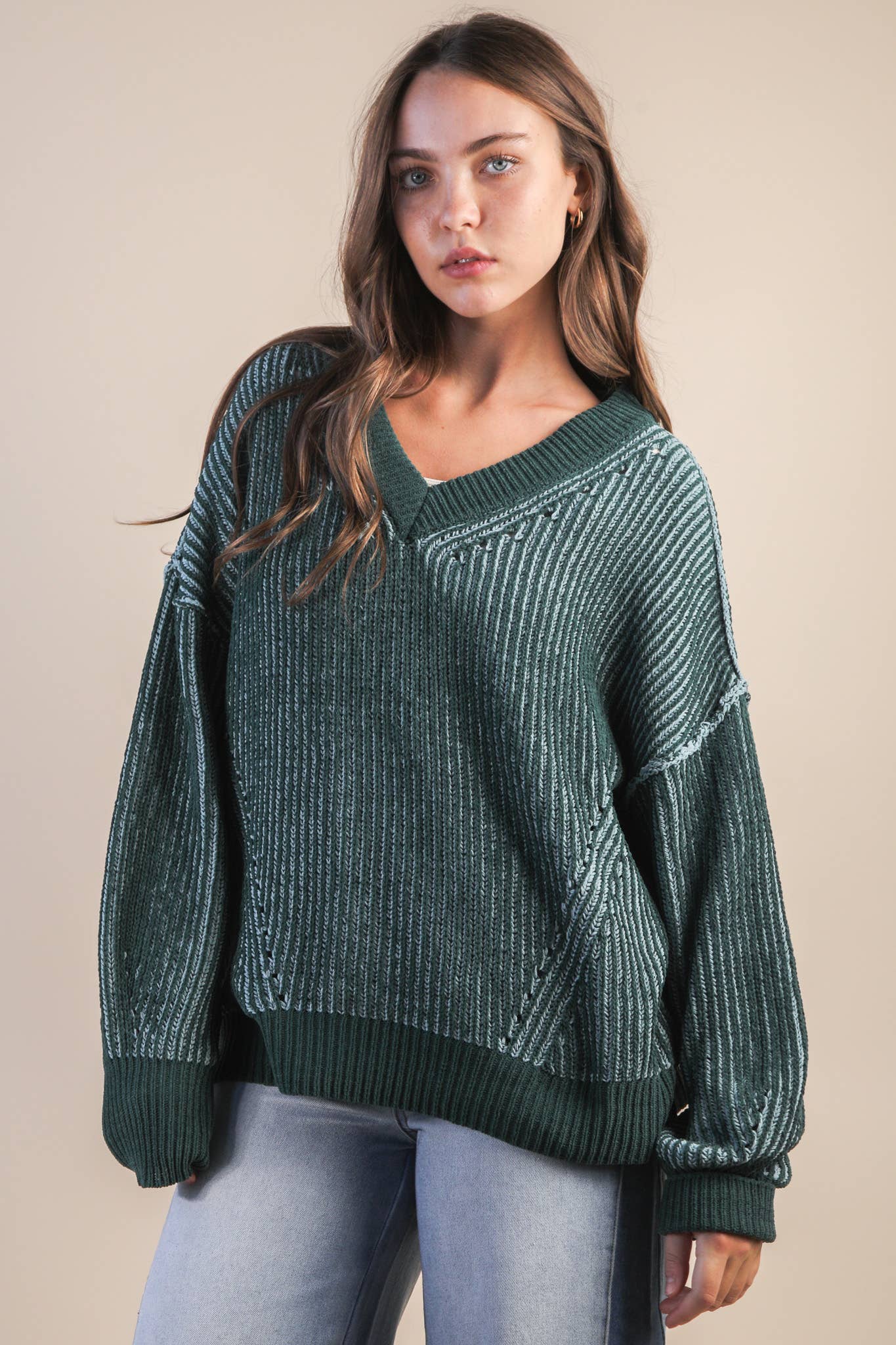 Oversized Two Tone Knit Casual Sweater Top