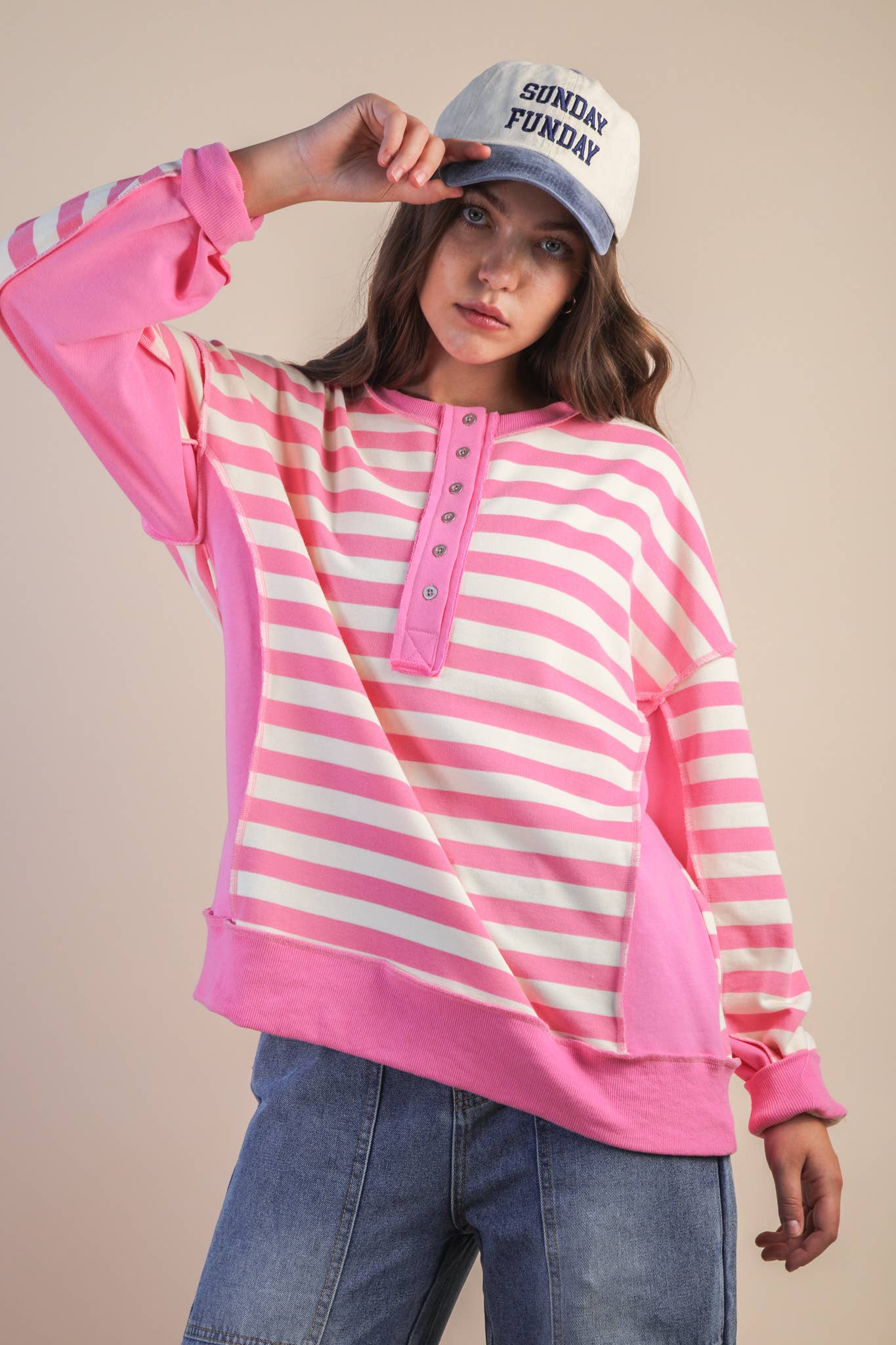 Oversized Striped Half Button Down Casual Knit Top