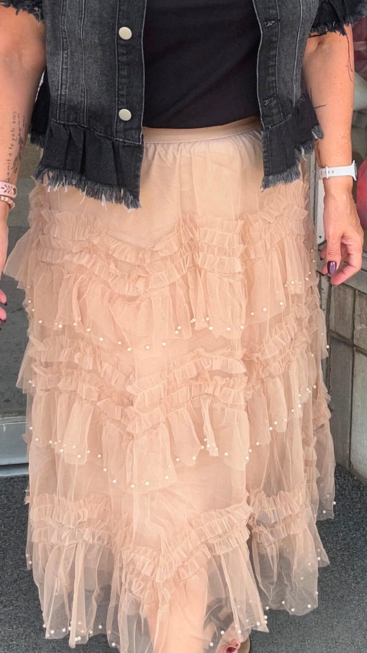 Tiered Ruffle Tulle Skirt With Pearls
