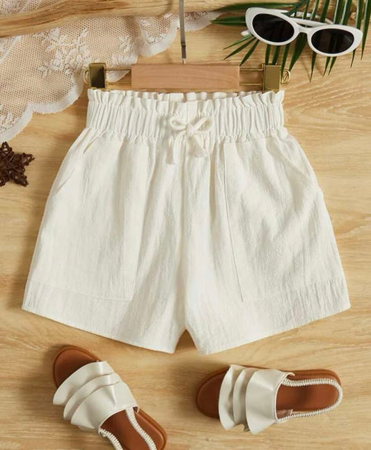 White Linen Paperbag Waist Shorts