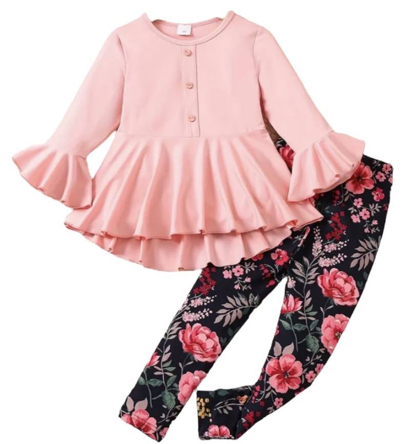 Floral Pant Ruffle Bell Sleeve Set