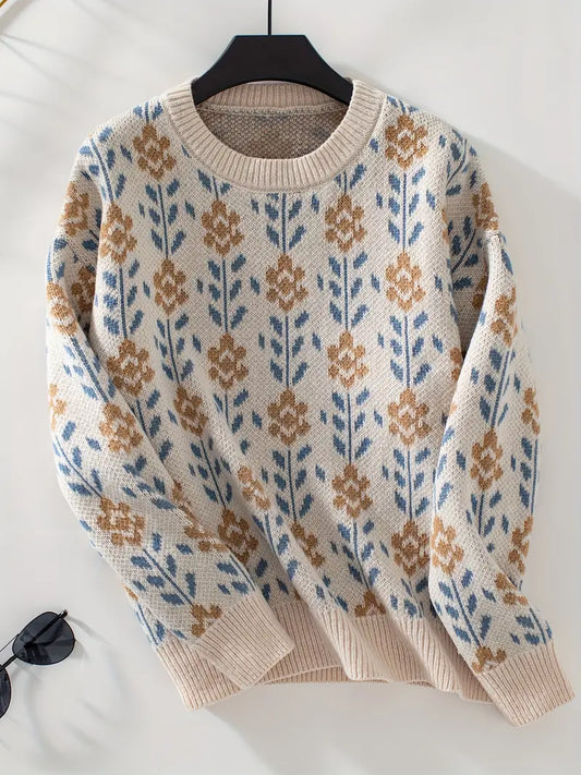 Floral Pattern Crew Neck Sweater