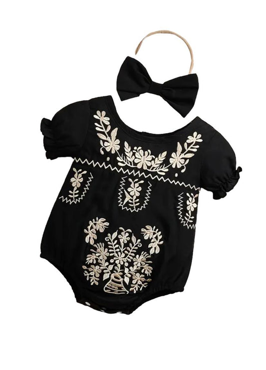 Black Embroidery Romper with Headband