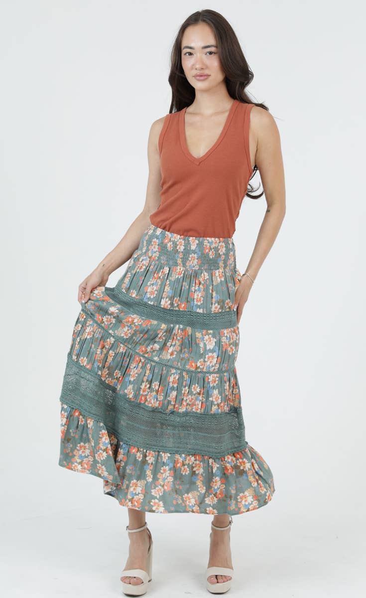 SMOCKED WAIST TIERED MAXI SKIRT