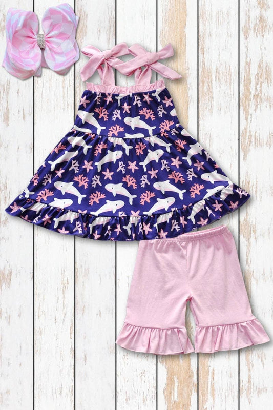 Shark printed tunic with ruffle shorts
