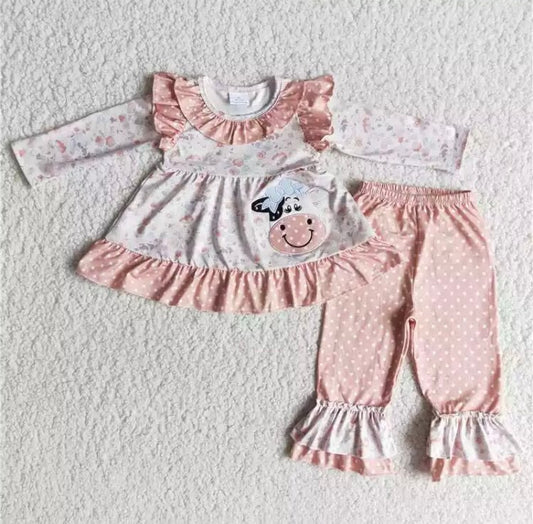 Pink Ruffle Pant Cow Set