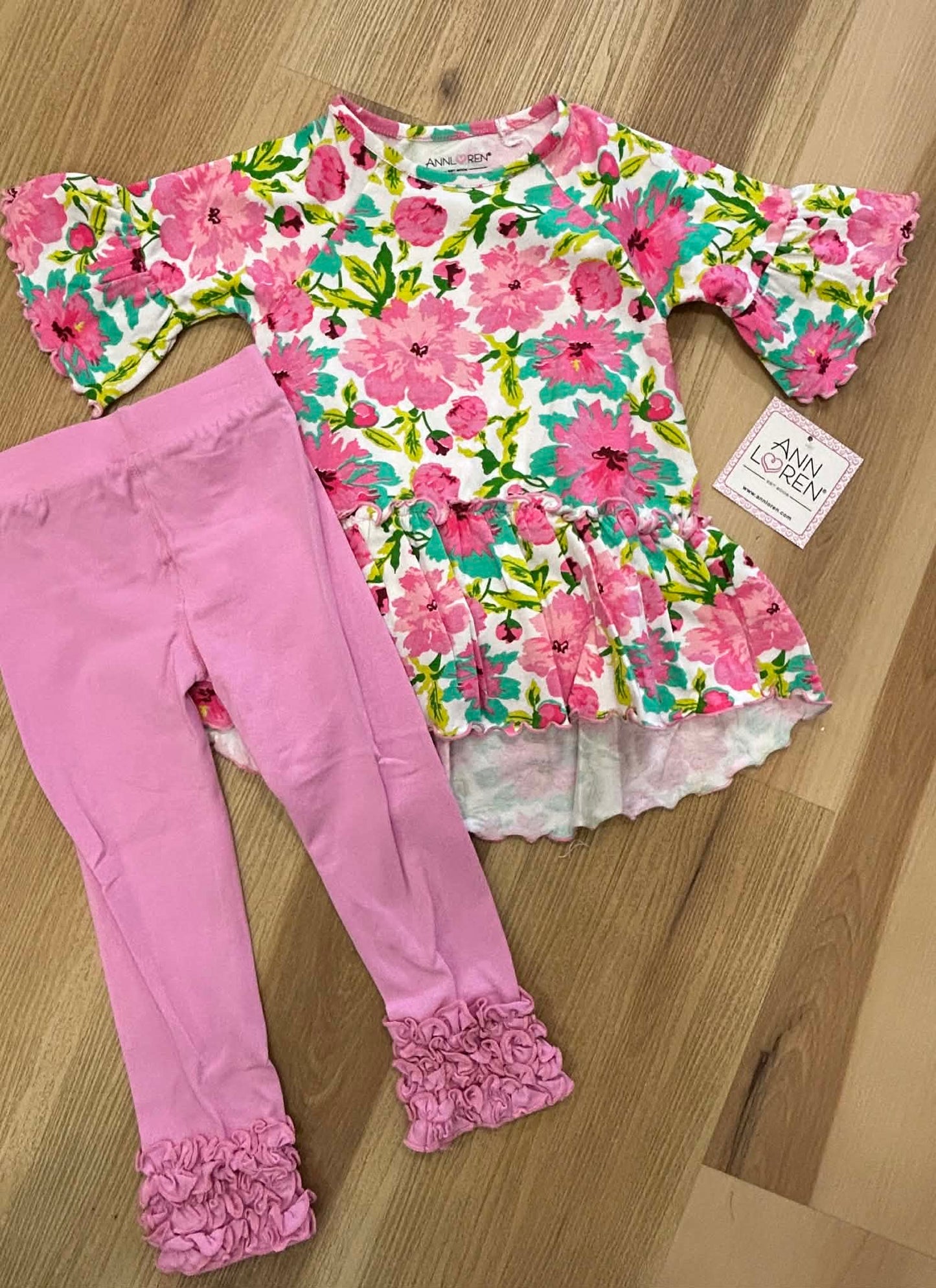 Girls Angel Sleeve Pink Floral Ruffle Hi Low Shirt With Leggings