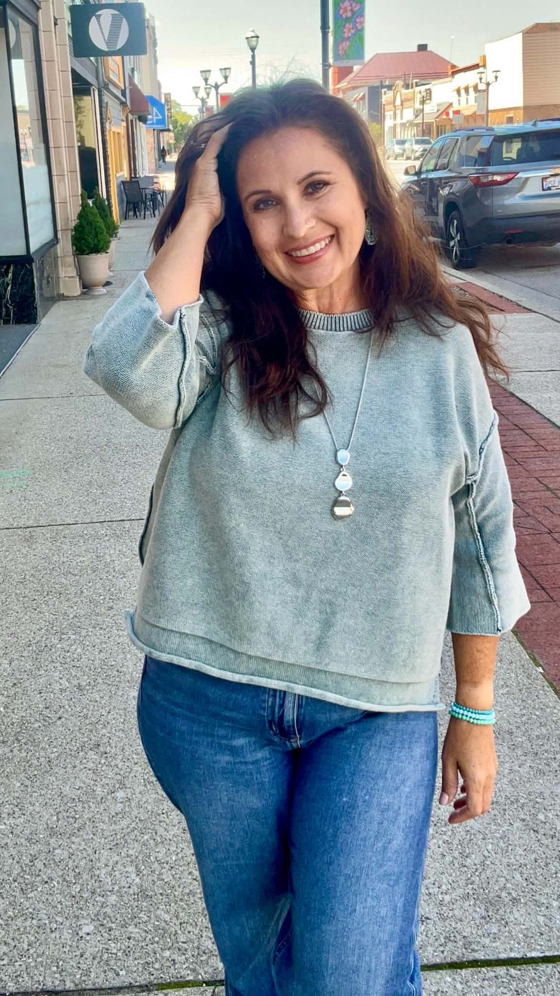 Washed 3/4 Sleeve Boxy Sweater