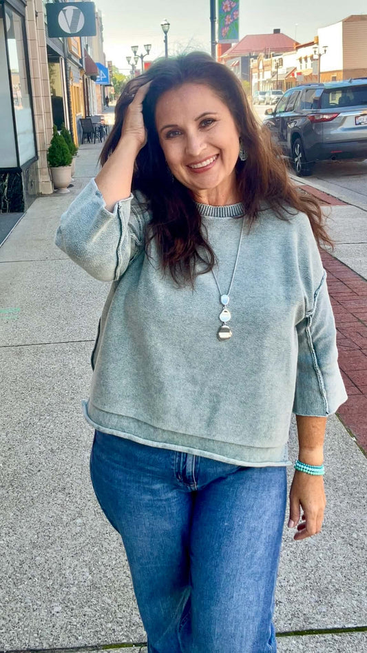 Washed 3/4 Sleeve Boxy Sweater