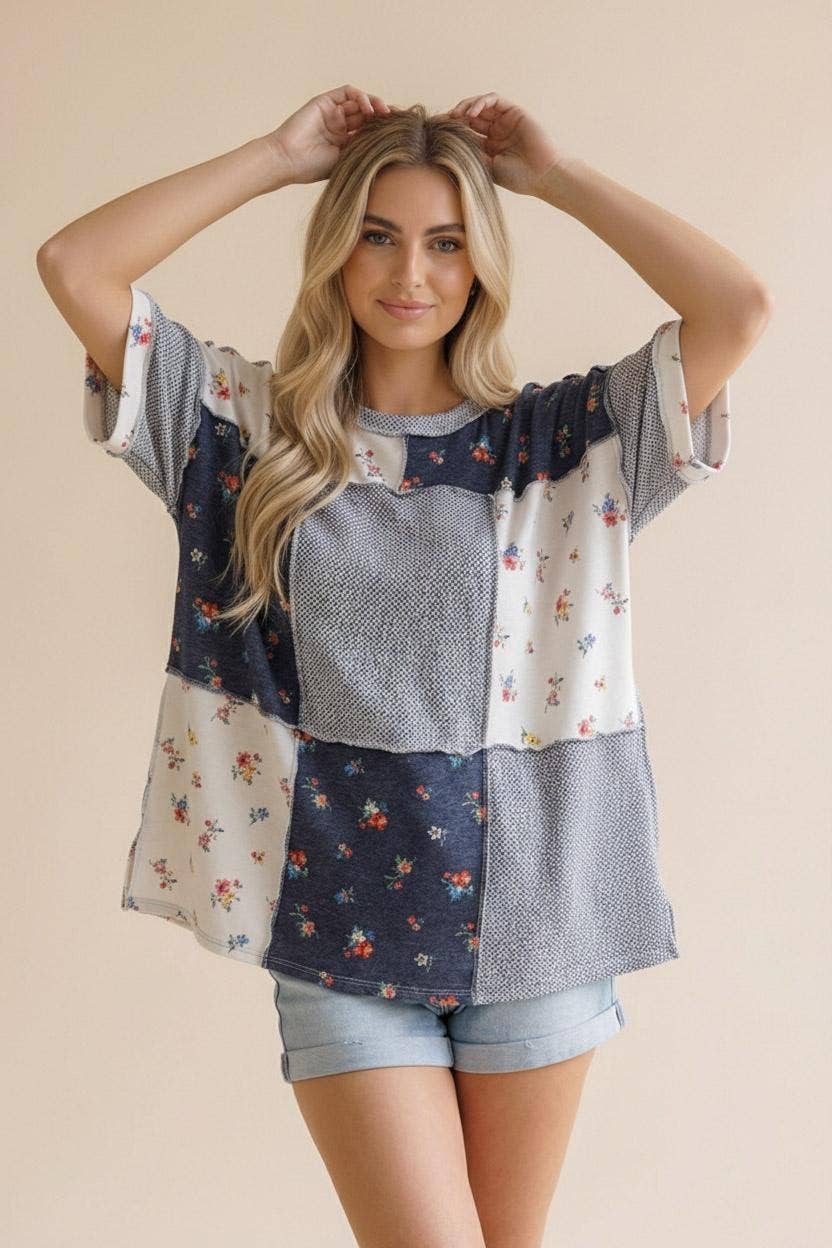 Textured Knit Floral Color Block Patchwork Top