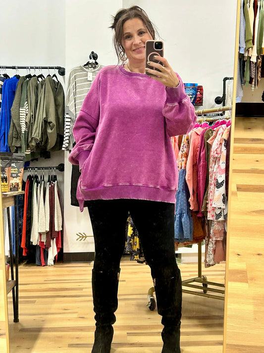 Plus Acid Wash Fleece Hi Low Hem Pullover With Pockets