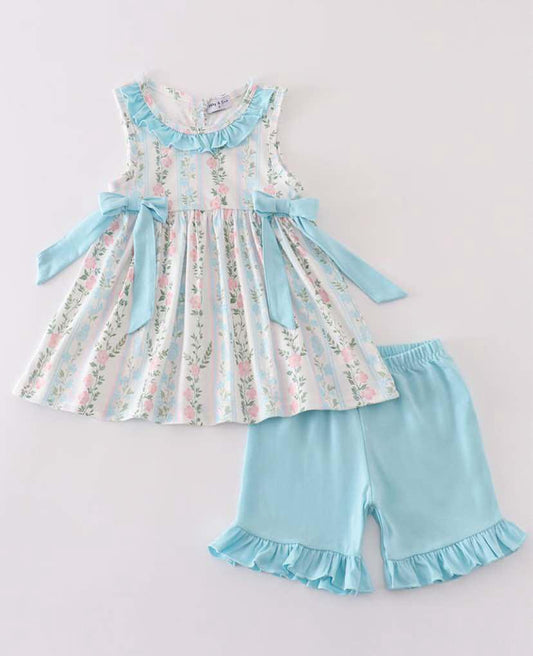 Blue Floral Print Ruffle Set