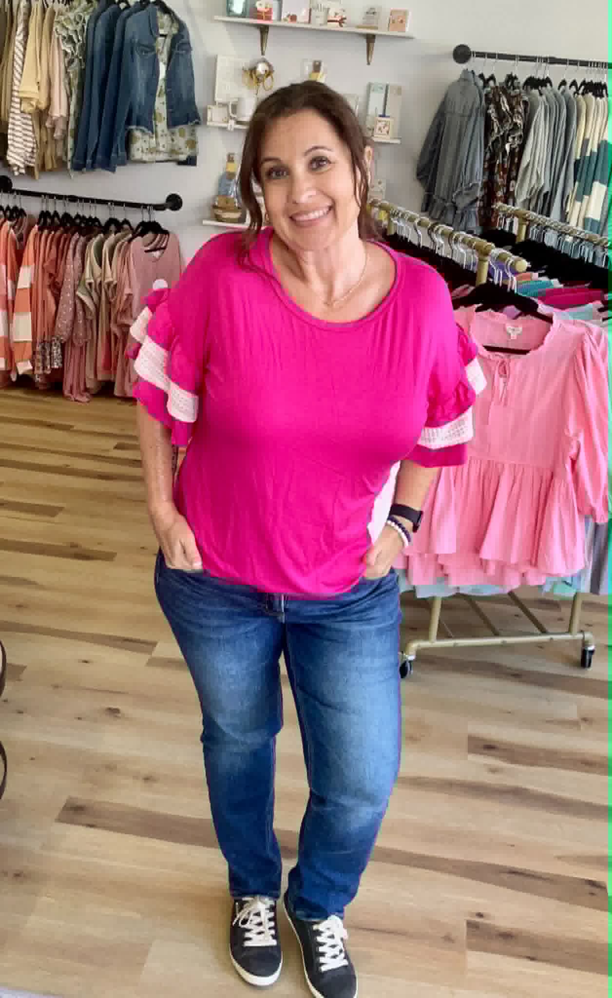 Women’s Ruffle Sleeve Knit Top with Floral Appliqué Detail