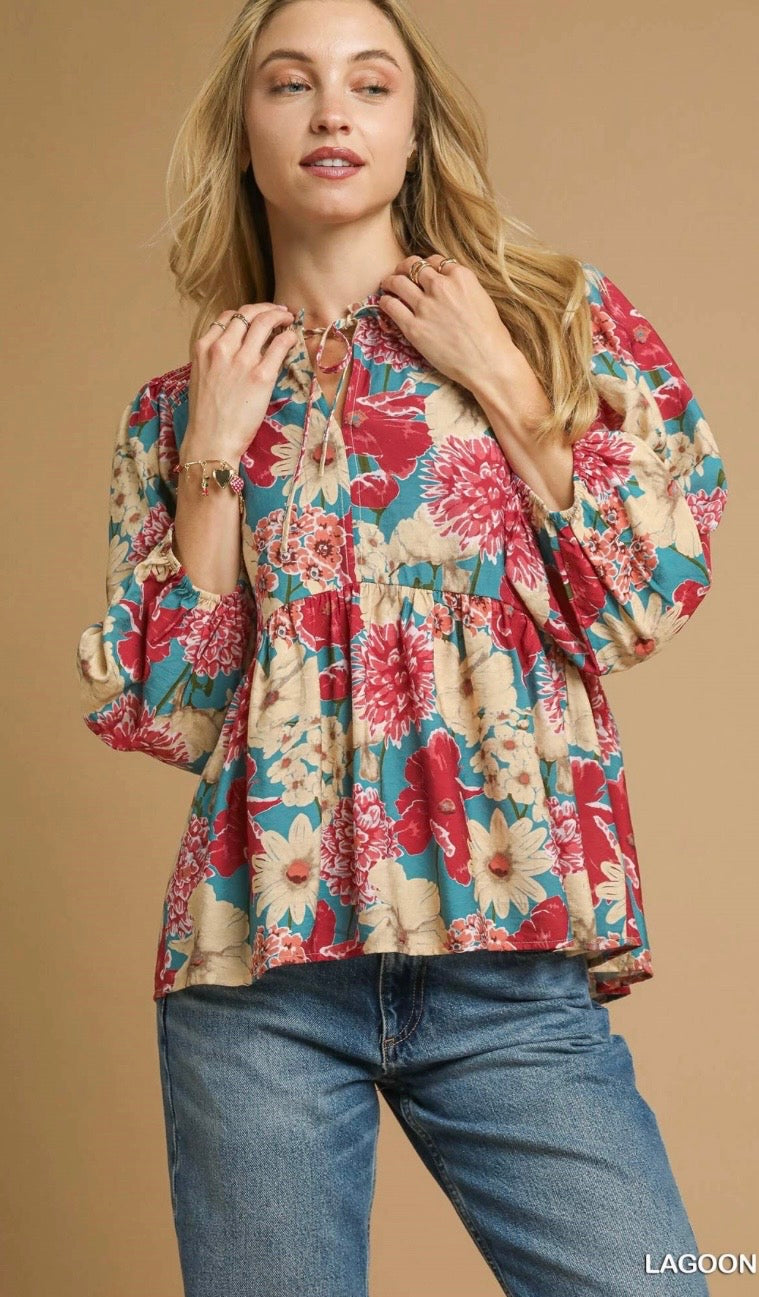 Mix Floral Peplum Blouse with Tie Neck