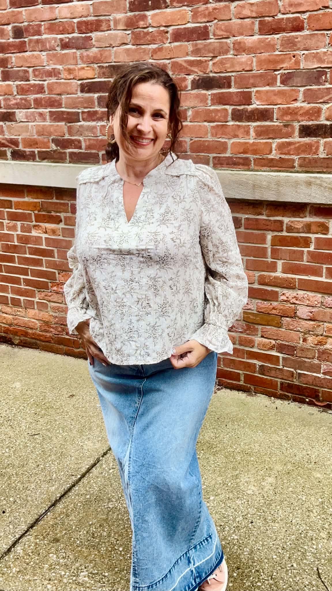 FLORAL LEAF PRINT SPLIT NECK LONG SLEEVE BLOUSE