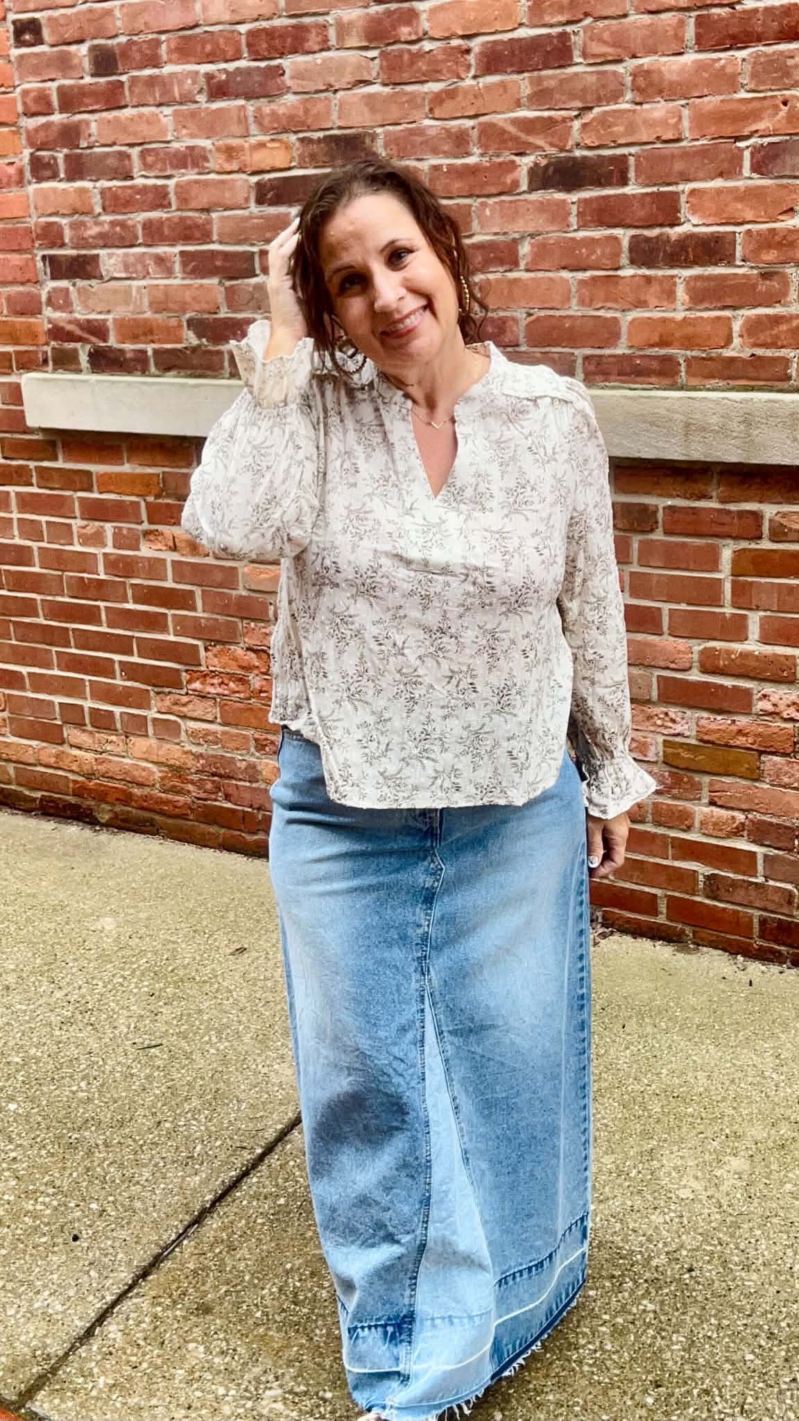 FLORAL LEAF PRINT SPLIT NECK LONG SLEEVE BLOUSE