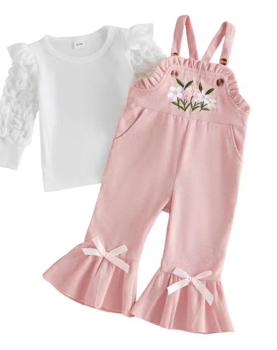 Embroidered Bibs with Ruffle Sleeve Top