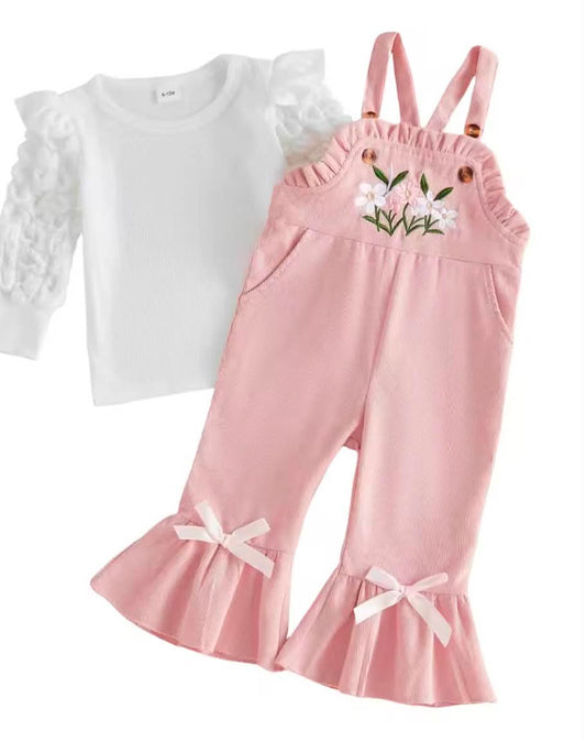 Embroidered Bibs with Ruffle Sleeve Top