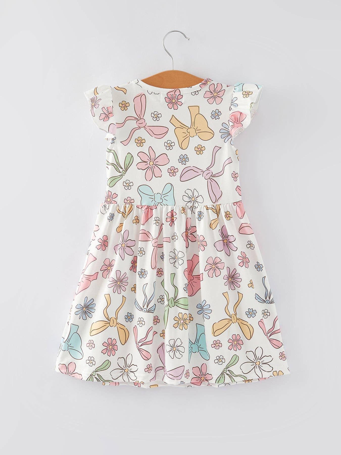 Bow Floral Print Fly Sleeve Girls Dress