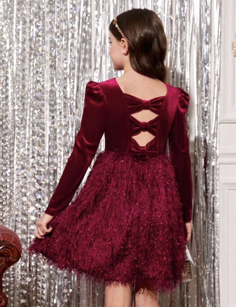 Bow Back Fuzzy Trim Velvet Dress