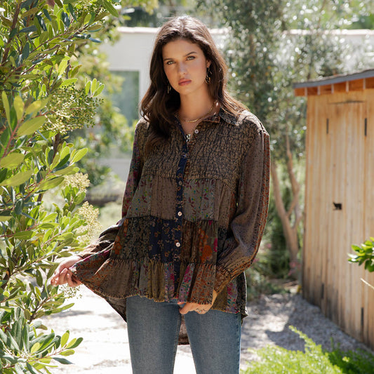 Front-Open Boho Shirt with Quilted Emb & Rayon Tiers