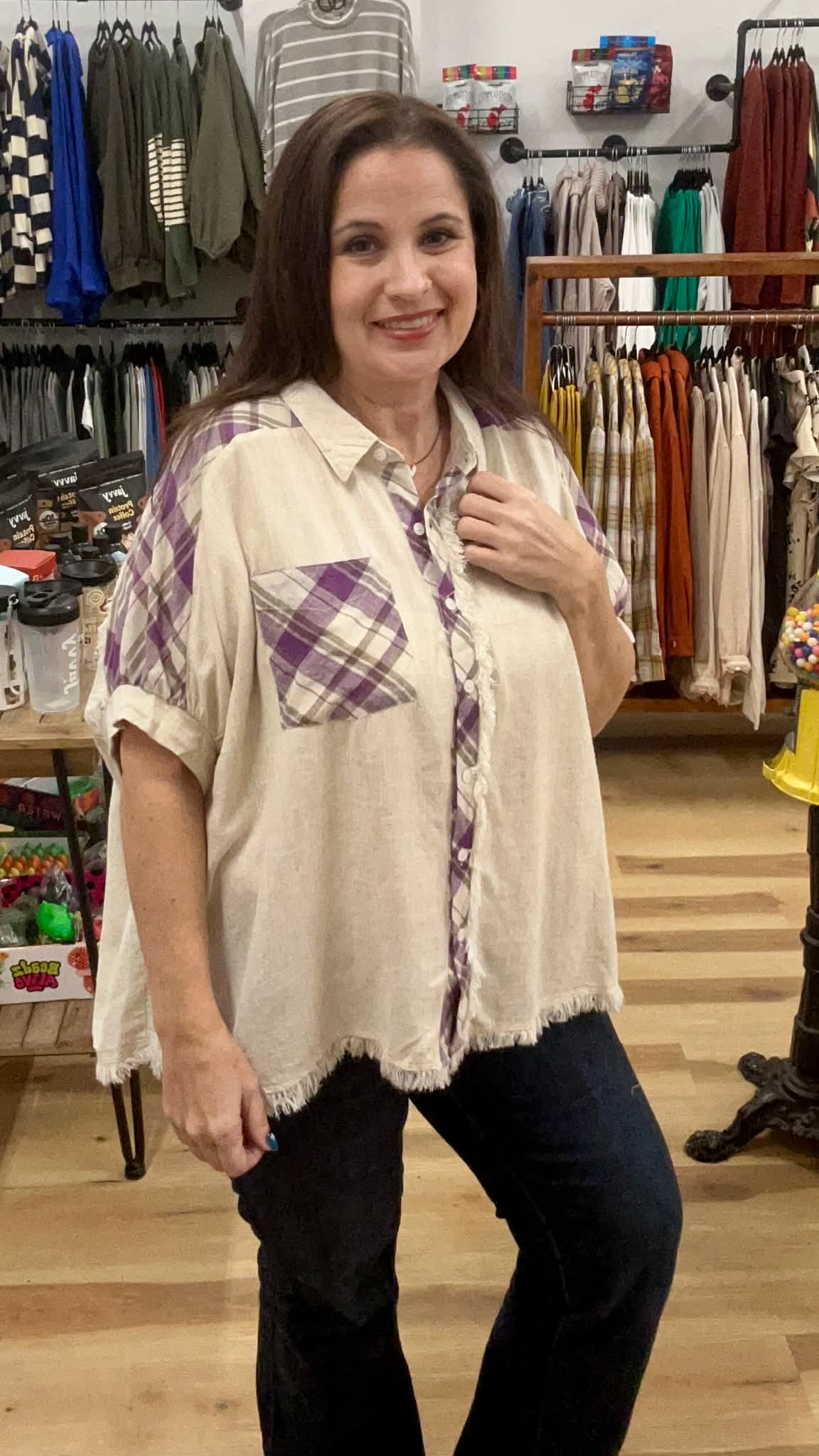 UMGEE Linen Plaid Button Down Frayed Hem