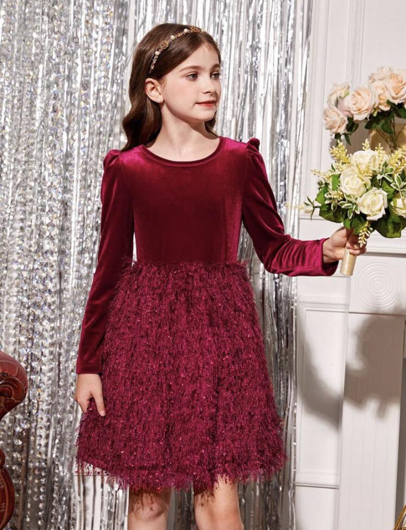 Bow Back Fuzzy Trim Velvet Dress