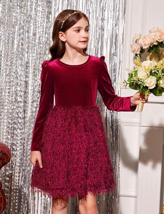 Bow Back Fuzzy Trim Velvet Dress