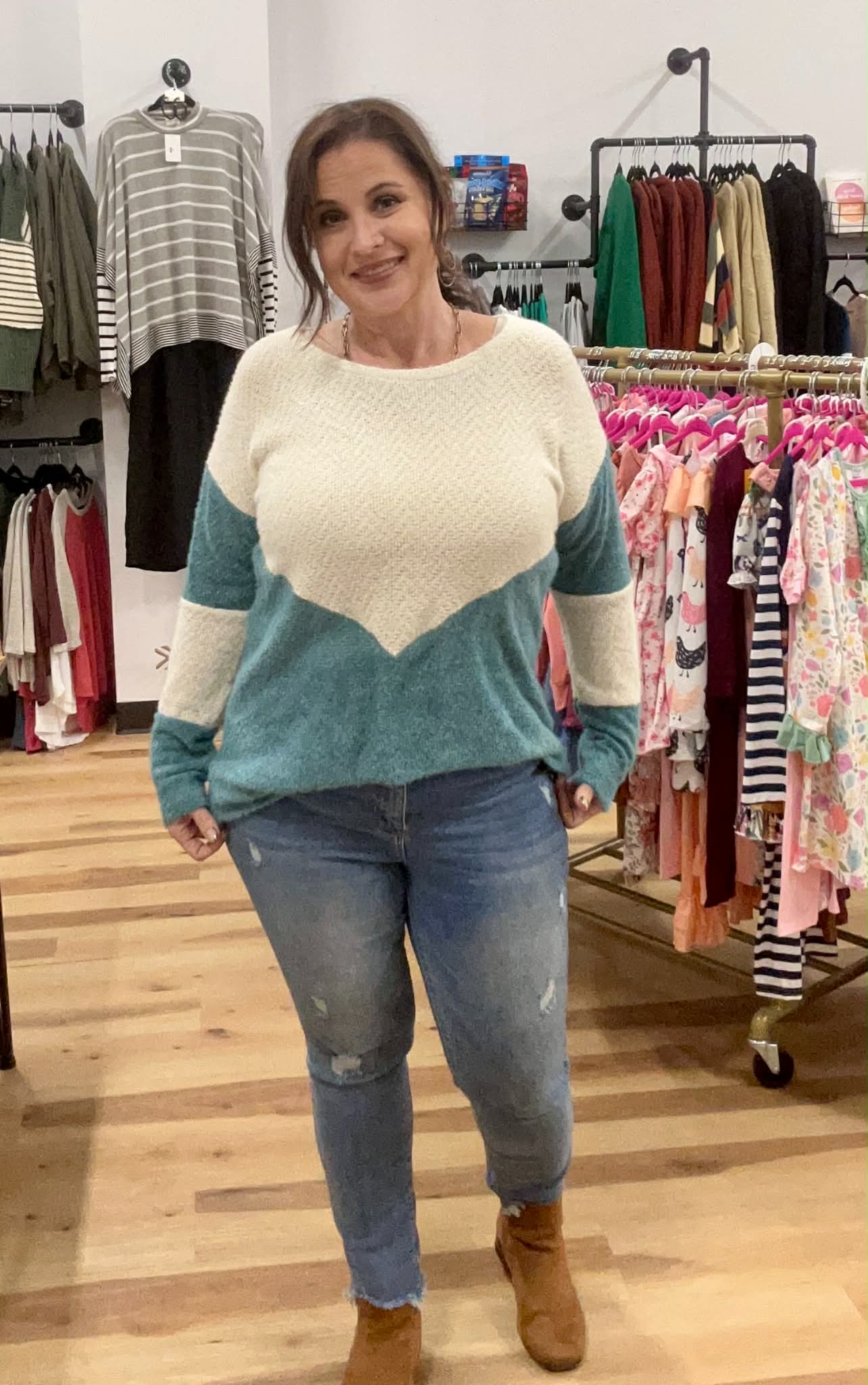 Fuzzy Angora Knit Color Block Sweater