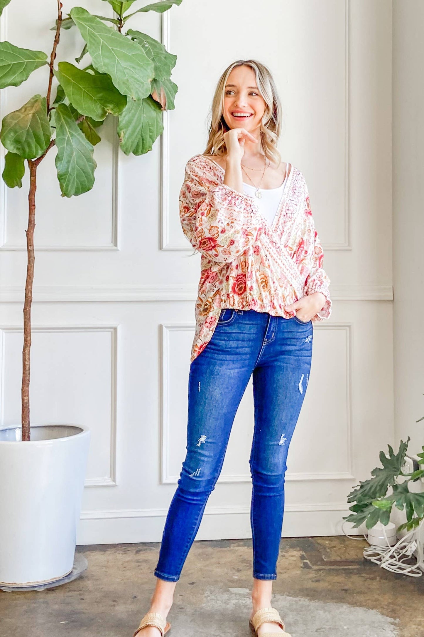 ATW13094 - Overlap Unbalance Floral Print Wrap Top