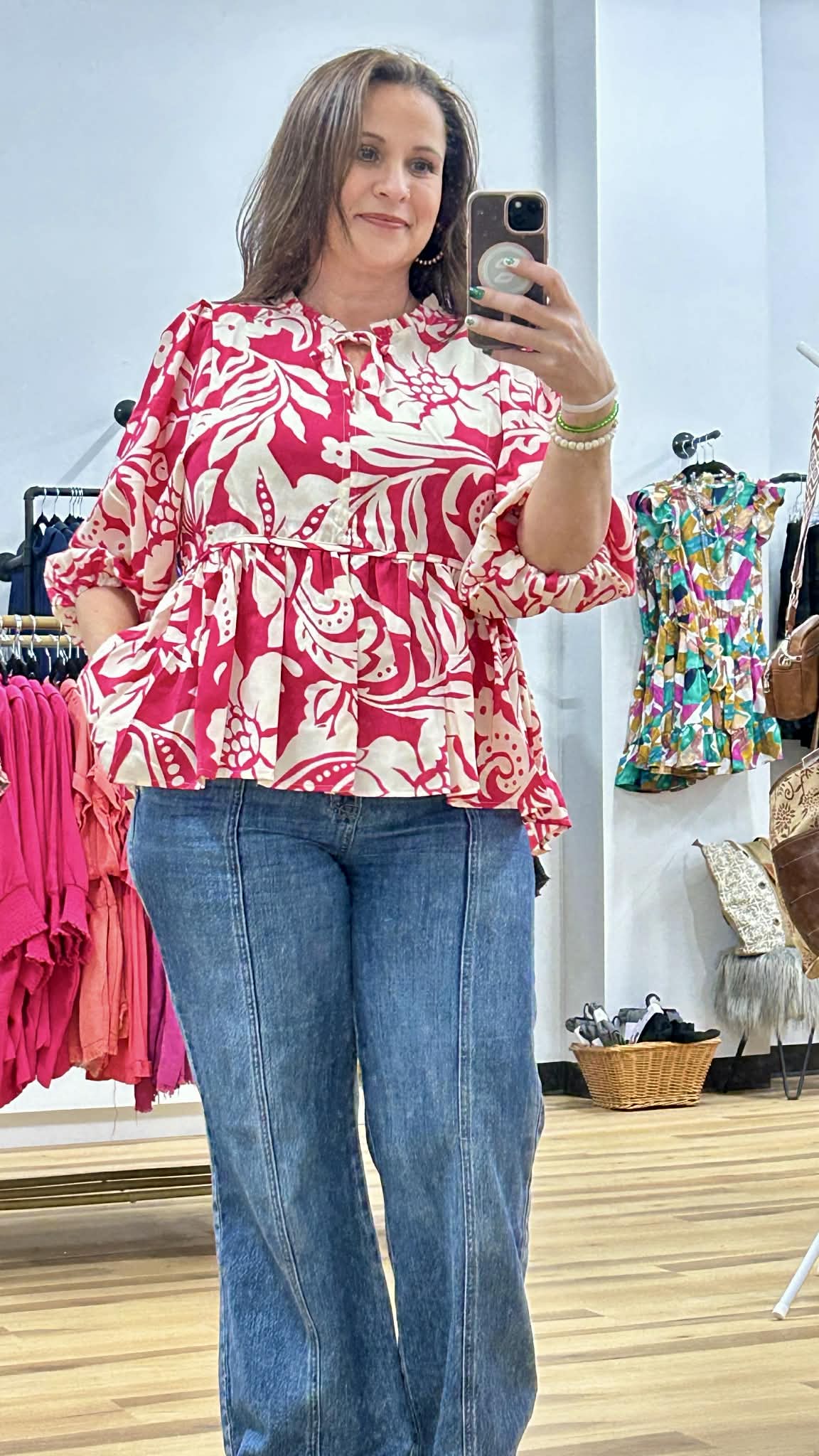UMGEE Floral Print Split Neck Front Tie Top