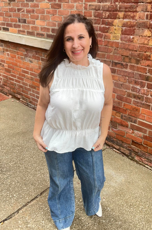 UMGEE Smocked Ruffle Mock Neck Top