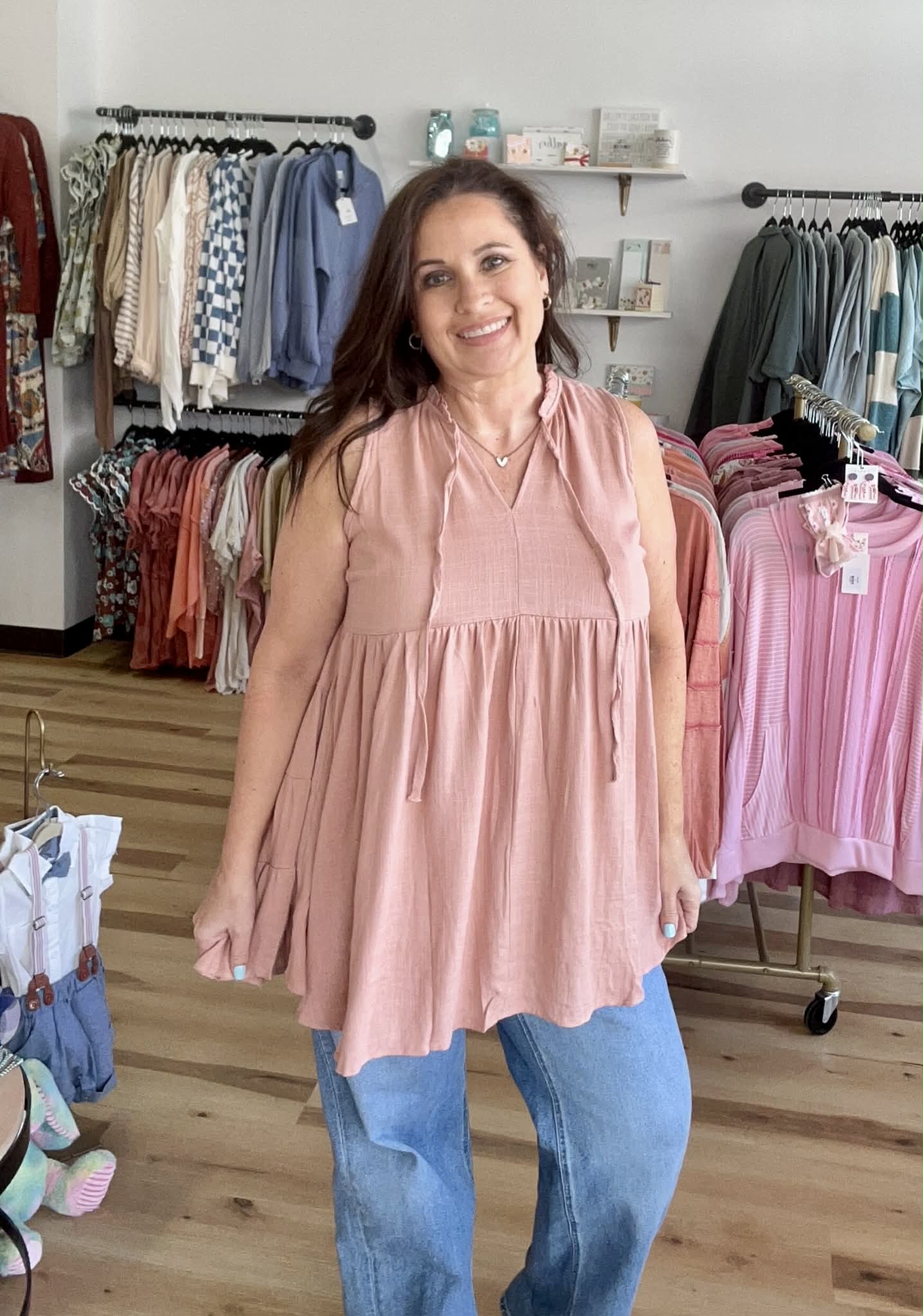 UMGEE Linen Blend Sleeveless Tiered Tunic Top