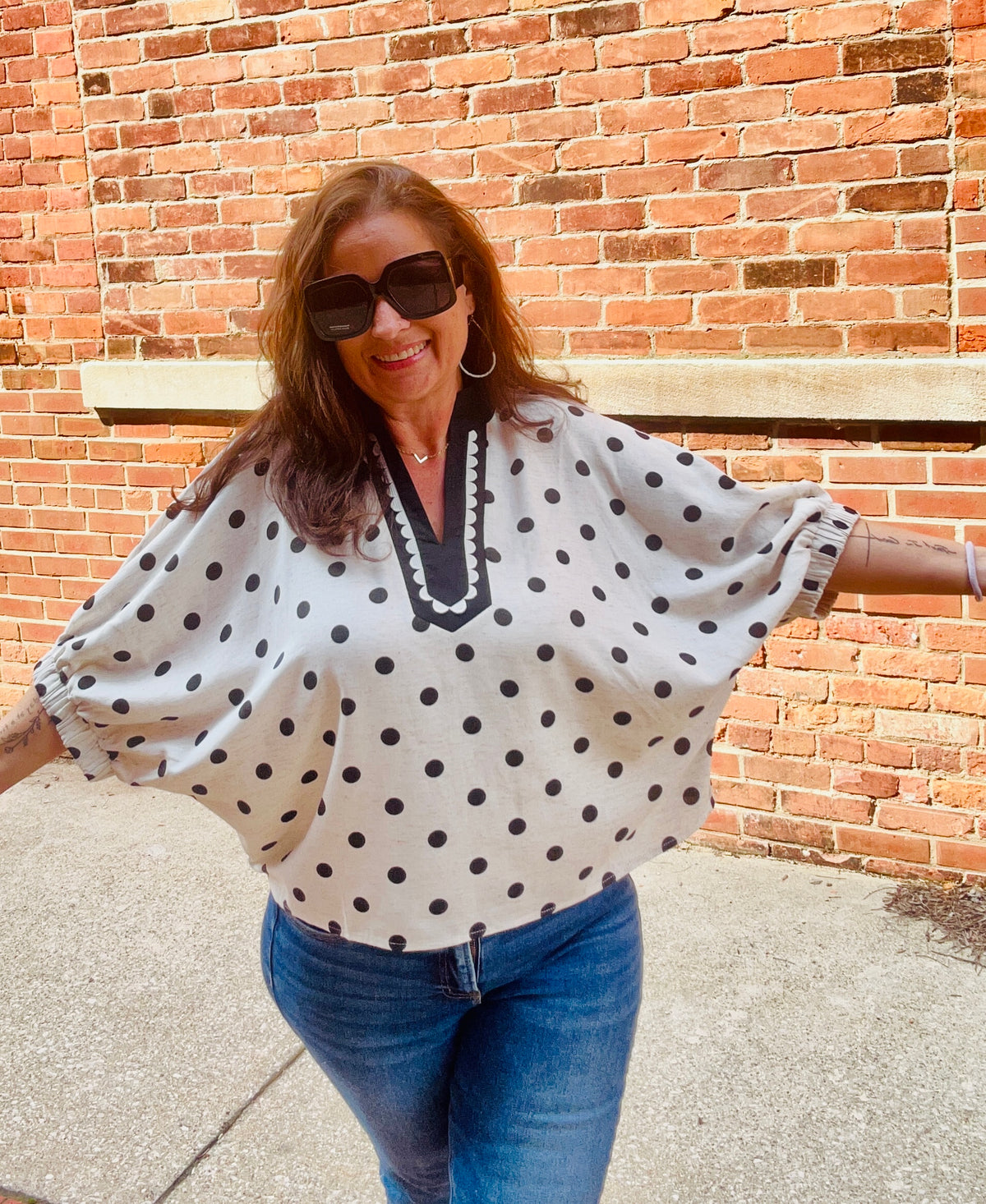 HT20396 Polka Dot Scallop Trim Dolman Sleeve Blouse