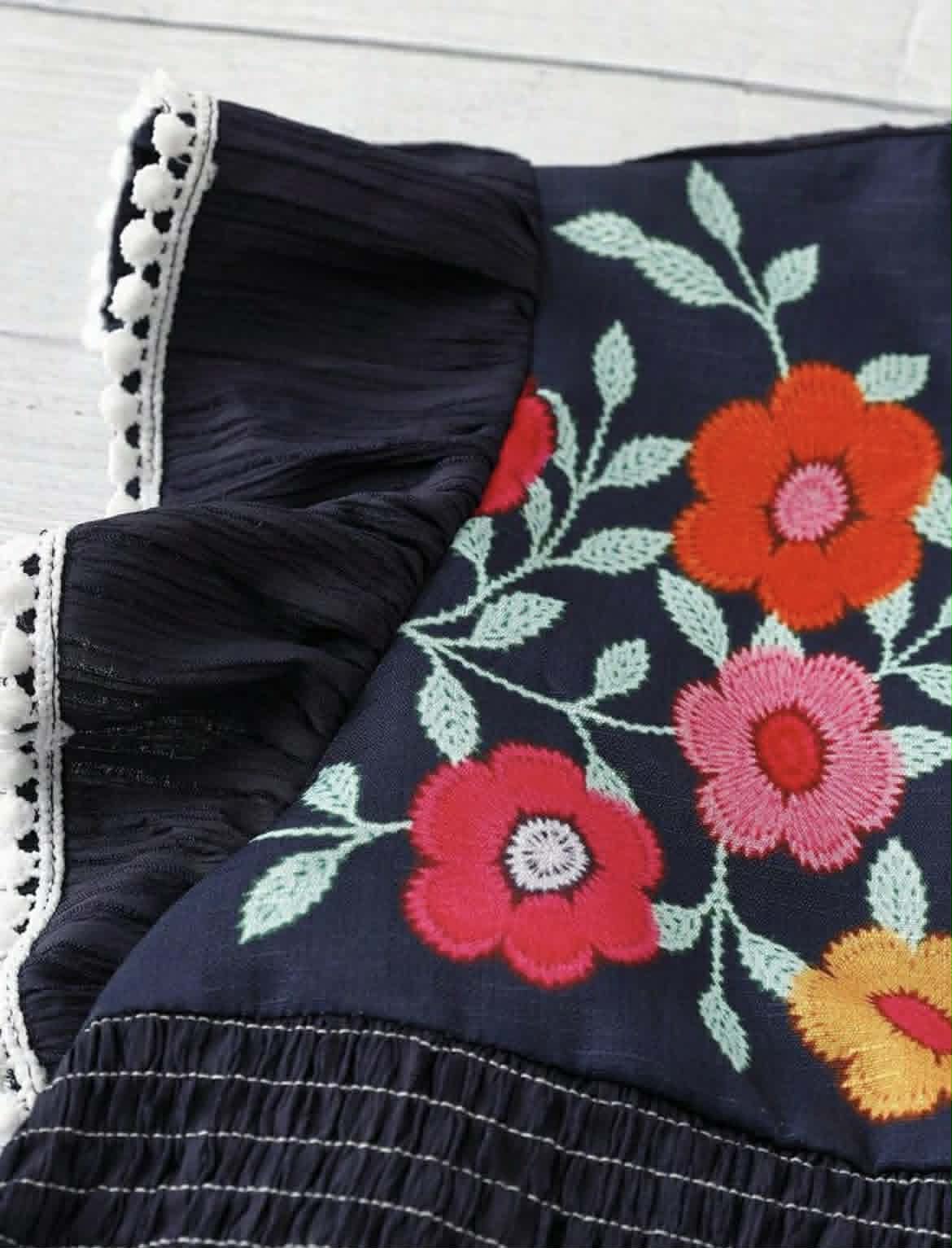 Navy Embroidered Flutter Sleeve