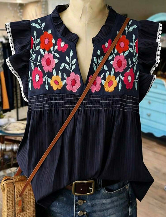 Navy Embroidered Flutter Sleeve