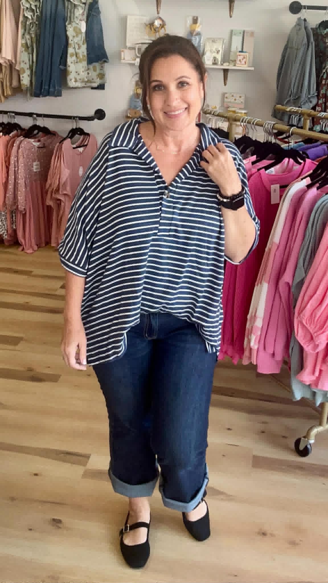 PLUS SIZE STRIPED BUTTON-FRONT COLLARED TOP -CT23913A