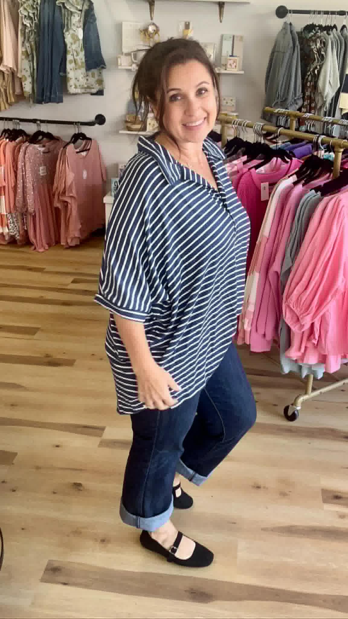 PLUS SIZE STRIPED BUTTON-FRONT COLLARED TOP -CT23913A