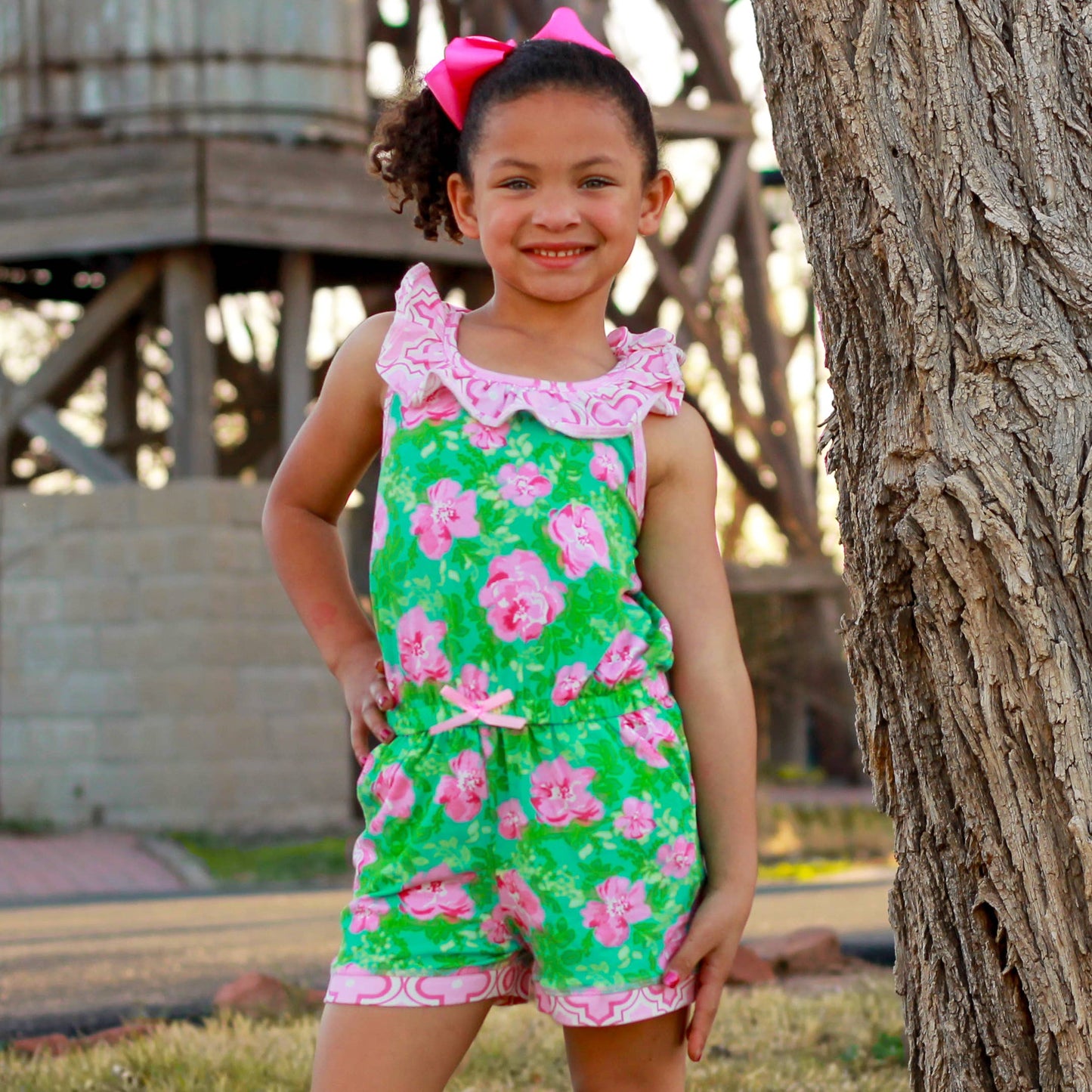 Girls Pink Green Floral Jumpsuit Romper