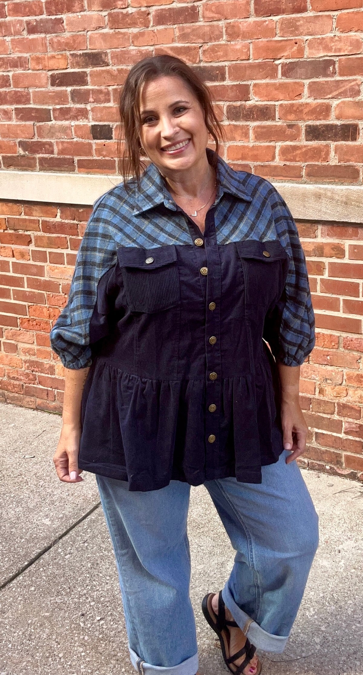 Plaid Contrast Corduroy Button Down Shacket