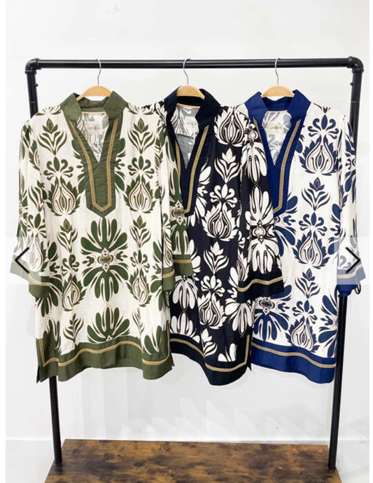 UMGEE - Baroque Floral Tunic Top with Gold Trim