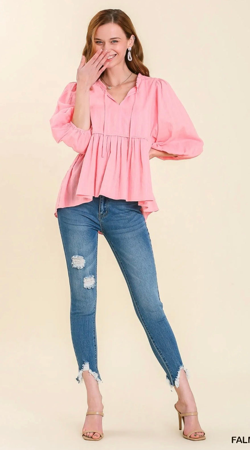 UMGEE Checkered 3/4 Sleeve BabyDoll High Low Hem Top