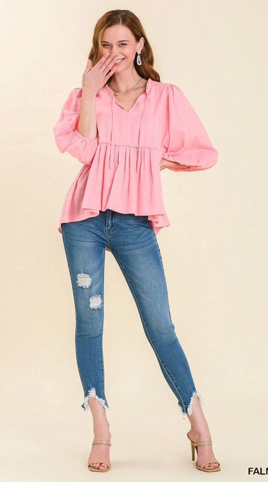 UMGEE Checkered 3/4 Sleeve BabyDoll High Low Hem Top
