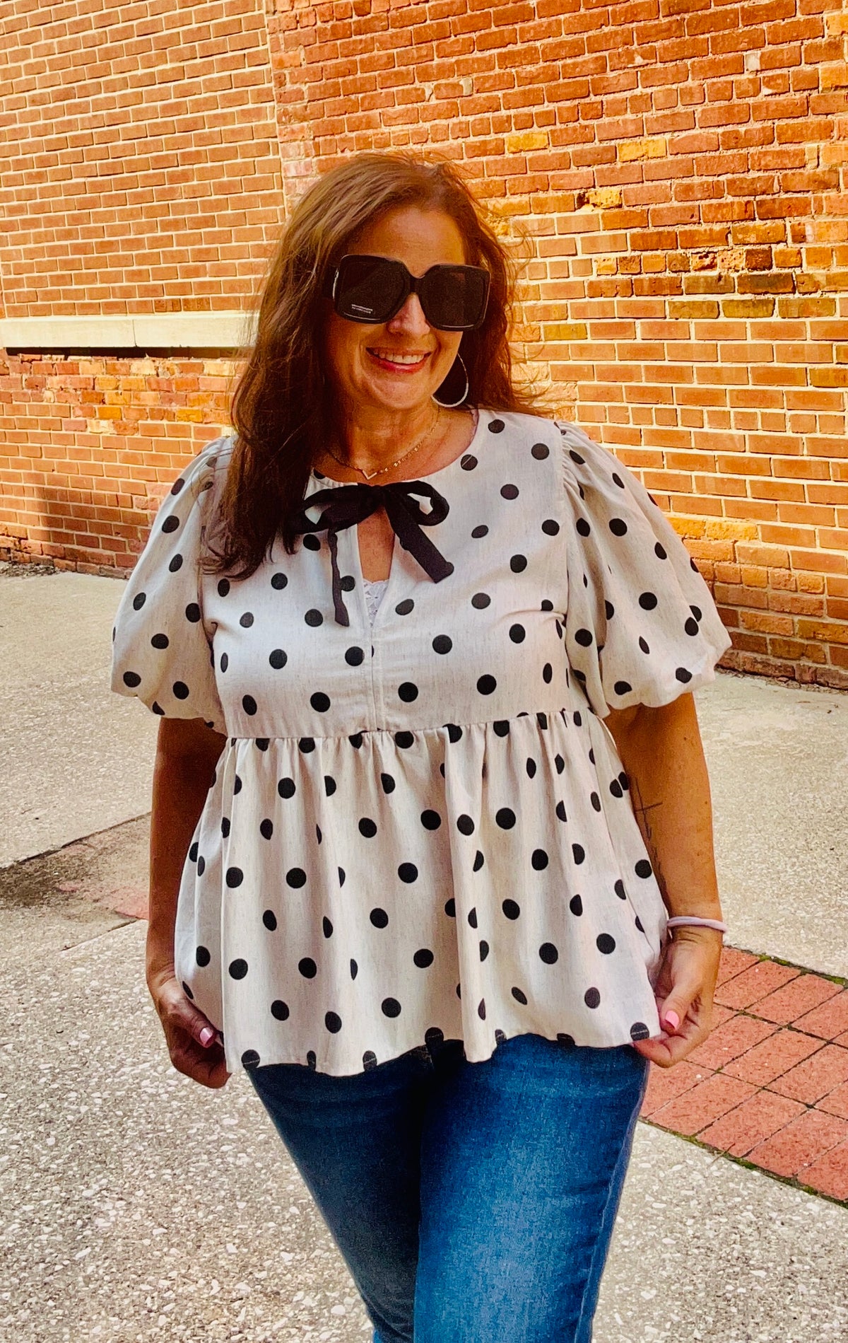 HT20401 Polka Dot Puff Sleeve Peplum Blouse Top