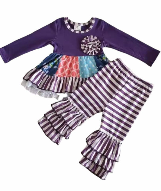 Purple Floral Stripe Ruffle Bottom Set