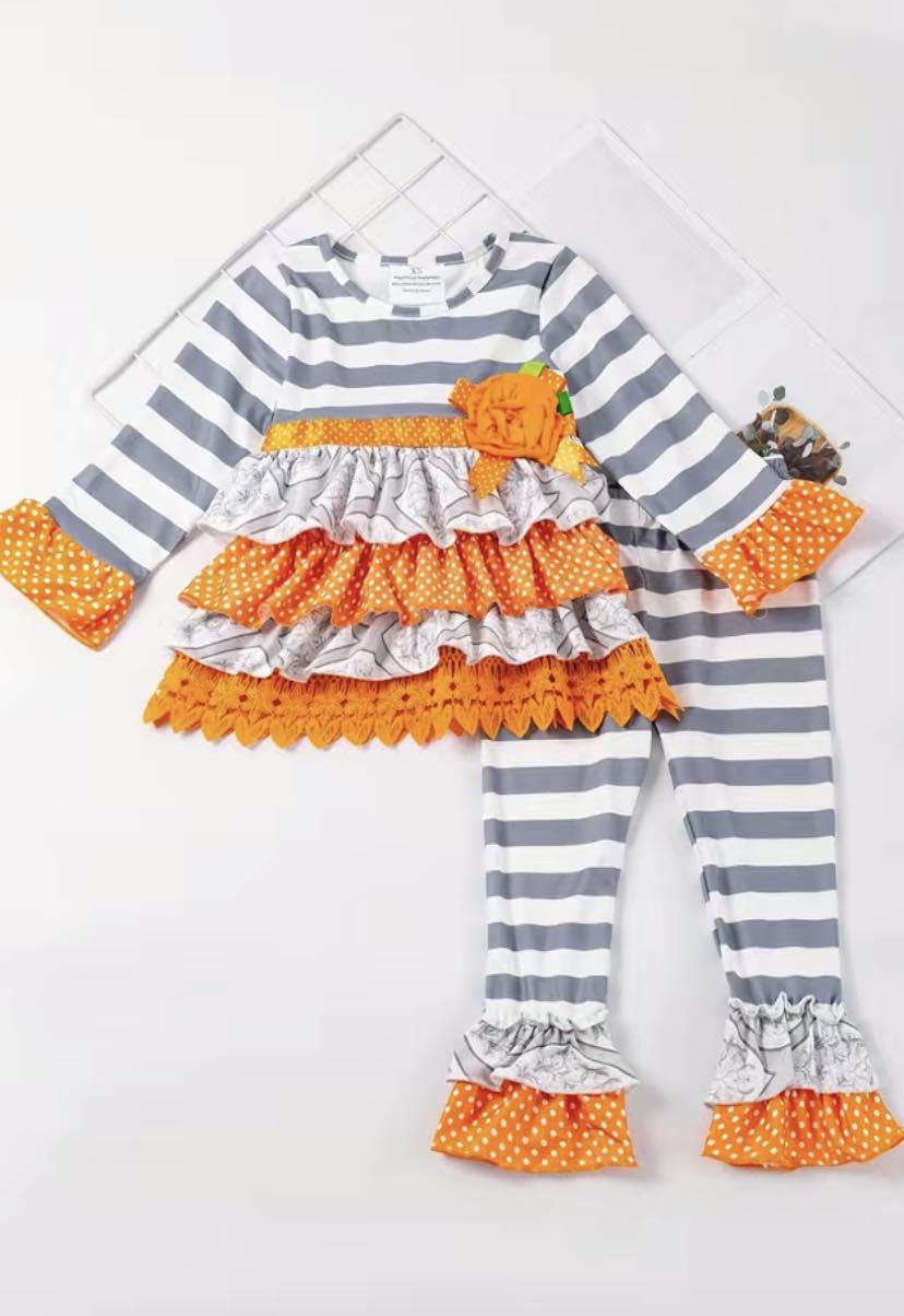 Gray & Orange Striped Polka Dot Set