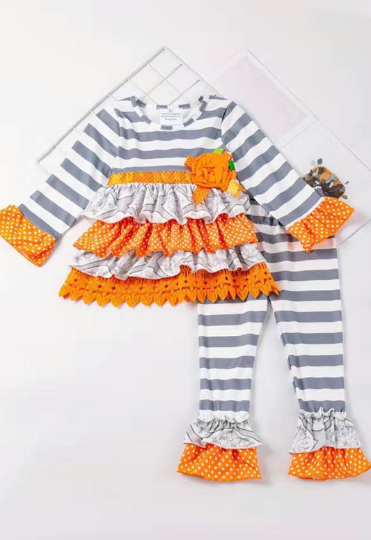 Gray & Orange Striped Polka Dot Set